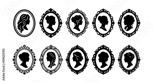 Photos Vintage cameo silhouette collection, set of 10 Victorian woman profile portraits