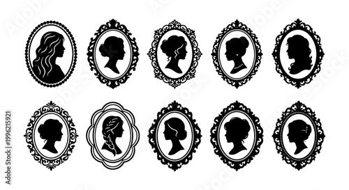 Tableau sur toile Vintage cameo silhouette collection, 10 elegant female profile portraits in orna