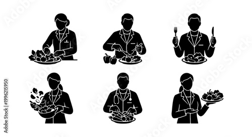 Nutritionist and doctor silhouette set, medical professionals with healthy food and vegetables, 6 black vector icons for diet and wellness