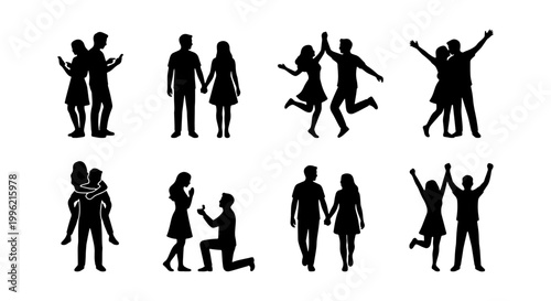 Romantic couple silhouettes set, man and woman in love vector icons, diverse relationship poses including marriage proposal and walking together
