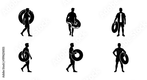 Summer beach silhouettes of men with swim rings, set of 6 male figures holding inflatable pool floats, black vector icons for vacation and travel