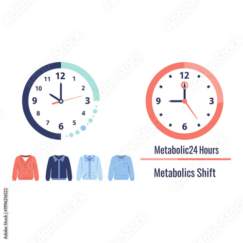 Metabolic shift concept, 24 hour clocks, colorful sweaters, circadian rhythm illustration, vector icons