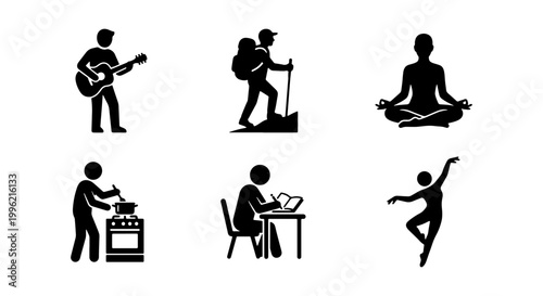 Lifestyle hobby icons set, black stick figure silhouettes of people engaged in activities, collection of 6 vector symbols for leisure and wellness