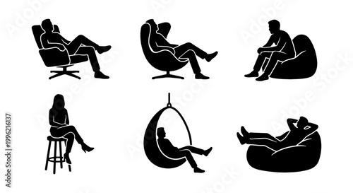 Minimalist black silhouette people sitting in chairs, set of 6 human figures relaxing in modern furniture, people lounging in bean bags and hanging chairs
