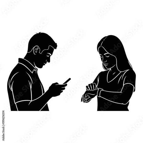 Black silhouettes, people using smartphones, isolated vector illustration, mobile phone addiction