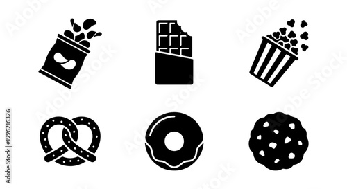 Junk food snack icons set, black silhouette fast food symbols including potato chips and chocolate bar, 6 vector elements for menu design