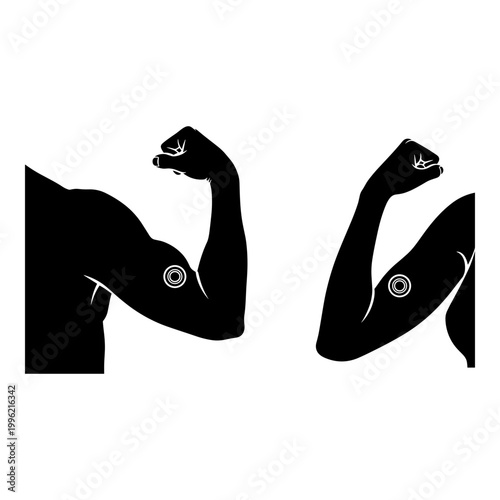 Bicep, flexed arm, muscle icons, black silhouette, fitness symbols, vector graphics