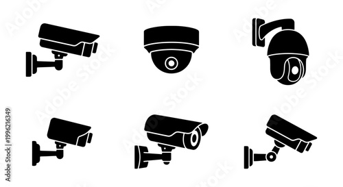 Security camera icon set with 6 black vector silhouettes, surveillance CCTV camera equipment for home safety, monitoring system graphic elements