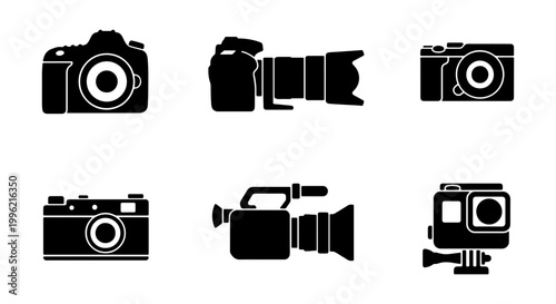 Professional camera icon set, black silhouette photography equipment collection, 6 vector dslr and video camera symbols for media design