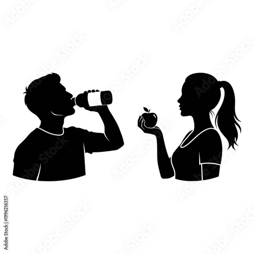 Healthy lifestyle, fitness, silhouette icons, vector graphics, black and white, wellness, nutrition