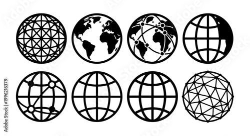 Global network icons set, 8 black vector globe symbols, world map and earth grid illustrations for logistics and communication business design
