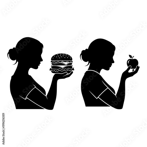 Healthy food choice, woman silhouette, burger vs apple, nutrition concept, black icons