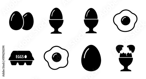 Minimalist egg icon set, black silhouette breakfast food symbols, 8 vector elements including fried eggs, egg cups, and carton for kitchen branding