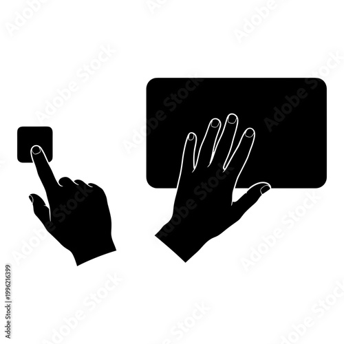 Hand gestures, touchscreen interactions, tap and swipe icons, black vector graphics