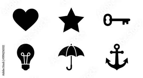 Minimalist black silhouette icon set, 6 flat vector symbols including heart star and key, simple graphic elements for web design and mobile apps
