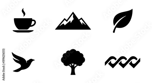 Minimalist nature icons set, black silhouette outdoor symbols including mountain and tree, 6 vector elements for travel and lifestyle branding