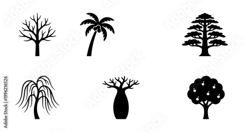 Minimalist tree silhouette icons, set of 6 black nature vector symbols, botanical plant shapes including palm and baobab for landscape design