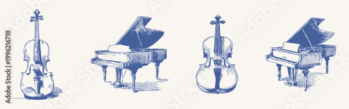 Blue vintage violin and grand piano sketch collection. Illustrations for music invitations and restaurant decor, in crayon drawn pencil style with fine textured lines and soft crosshatching.