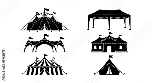 Black circus tent silhouette icons set, vintage carnival marquee and festival pavilion vector collection, 6 outdoor event shelter symbols