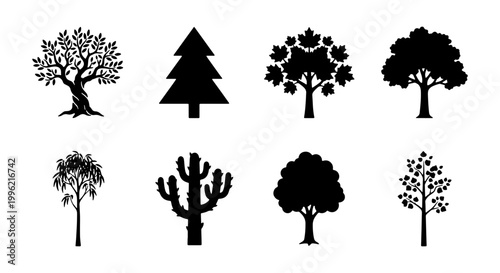 Black tree silhouette icons set, 8 nature plant vector elements, minimalist forest and desert foliage symbols for landscape design and mapping