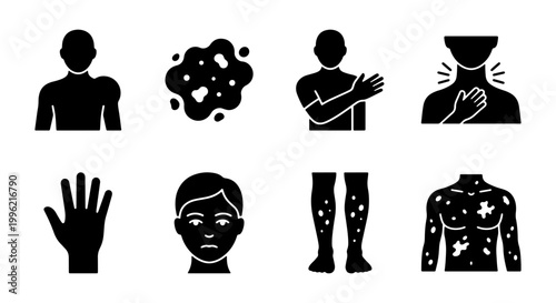 Dermatology skin disease icons, 8 solid black vector elements, medical rash and allergy symptoms, eczema and psoriasis infographic symbols