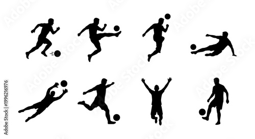 Soccer player silhouette collection, 8 football athlete vector icons, professional soccer players in action poses, goalkeeper and striker silhouettes