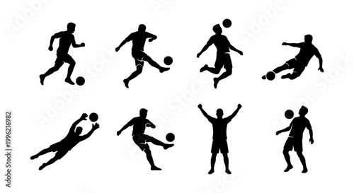 Soccer player silhouettes set, 8 football athlete vector icons, professional soccer players in action poses, black sport figures for competition graphics
