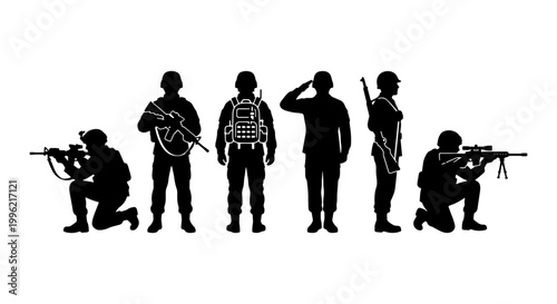 Military soldier silhouettes set, army infantry figures with rifles and tactical gear, black war veteran icons on white background, 6 vector elements
