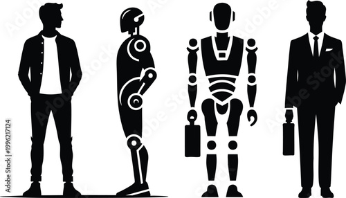 Human and robot silhouettes representing technology and future concepts isolated on white background