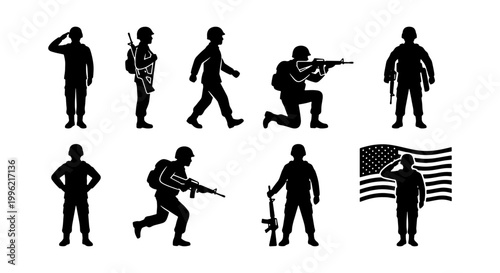 Military soldier silhouettes set, army infantry personnel in combat poses, black vector icons of armed forces with rifles and flag