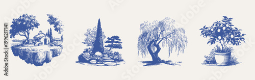 Italian house, cypress trees, willow and citrus blue sketches. Illustrations for wallpaper and textile design, rendered in hand drawn pencil style with fine textured lines and soft tonal shading.
