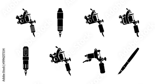 Professional tattoo machine icons set, black silhouette tattoo gun collection, 8 vector elements for parlor branding and studio equipment design