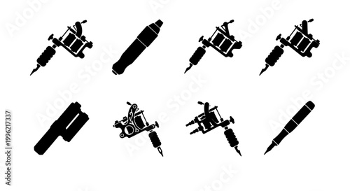 Professional tattoo machine icon set, black silhouette tattoo gun collection, 8 vector elements for parlor branding and body art studio design