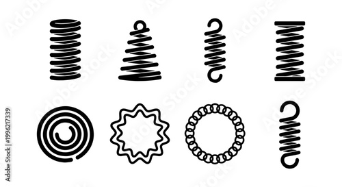 Industrial metal spring icons set, black steel coil vector illustrations, mechanical spiral and tension hardware elements for engineering design