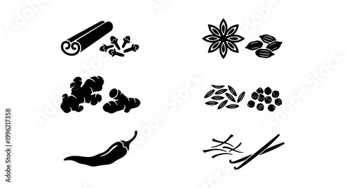 Minimalist culinary spice icons set, black silhouette aromatic herbs and seasonings, organic food ingredients vector collection for restaurant menus