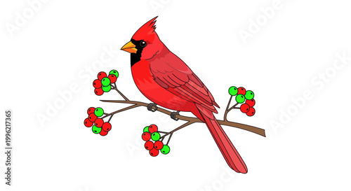 Vibrant Red Cardinal Perched on Branch.