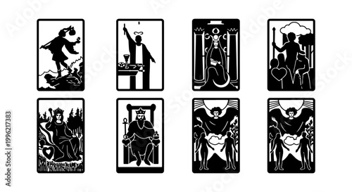 Mystical tarot card vector set, black and white occult deck icons, esoteric major arcana symbols, minimalist spiritual divination illustrations