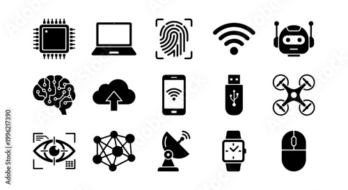 Modern technology icons set, 15 black solid vector symbols for artificial intelligence and digital hardware, futuristic tech UI elements for web design