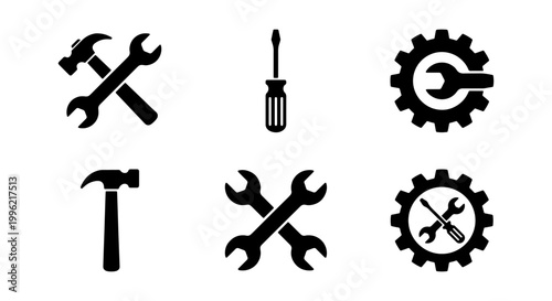 Industrial repair tool icons set, black minimalist hardware vector graphics, mechanical maintenance hammer and wrench symbols, construction equipment silhouettes