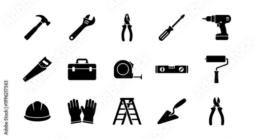 Construction tool icons set, black silhouette hardware equipment symbols, 15 professional repair and renovation vector elements for diy projects