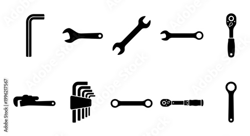Mechanical hand tool icon set, black silhouette wrench and ratchet vector collection, industrial hardware equipment for repair and maintenance