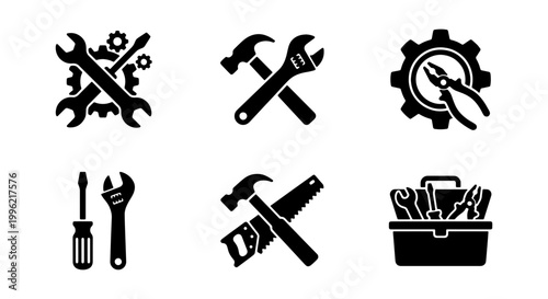 Industrial repair tool icons, black silhouette hardware equipment set, construction and maintenance vector symbols, handyman toolbox and gear graphics