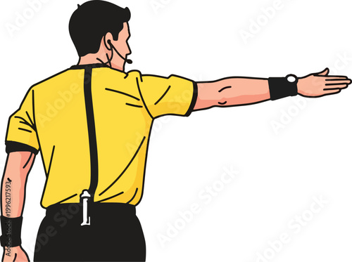 Soccer referee in yellow jersey pointing direction with arm extended vector illustration isolated for sports design element and arbitration concept.