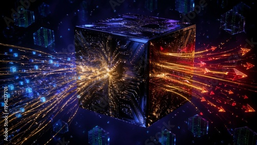 A futuristic cube with blue and red light beams emanating from it in a dark background with glowing cubes