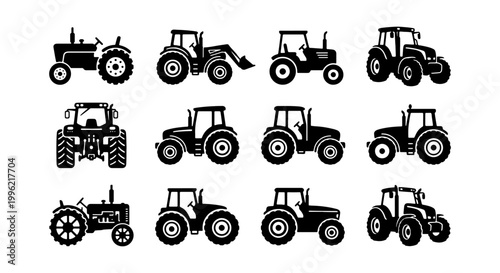Agricultural tractor silhouette set, 12 farming vehicle icons, black farm machinery vector collection, industrial harvester and tractor equipment for agribusiness