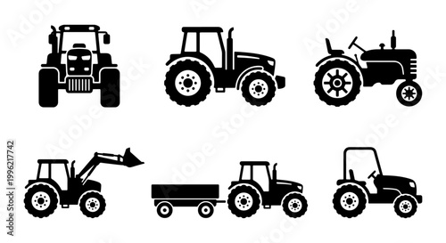 Agricultural tractor icons set, black farm machinery silhouettes, 6 vector tractor symbols for farming and industrial logistics design