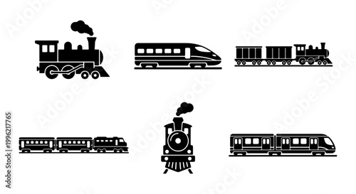 Vintage steam locomotive and modern high-speed train icons, set of 6 railway transport vector silhouettes, black railroad engine and subway symbols