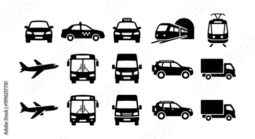 Transportation icons set with 15 black vector silhouettes, public transit and commercial vehicle symbols, car bus plane and train graphics for maps