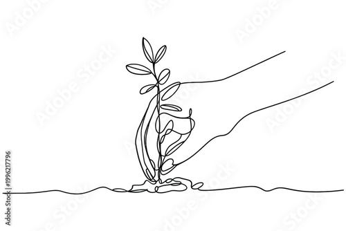 hand holding sapling minimalist black and white line drawing
