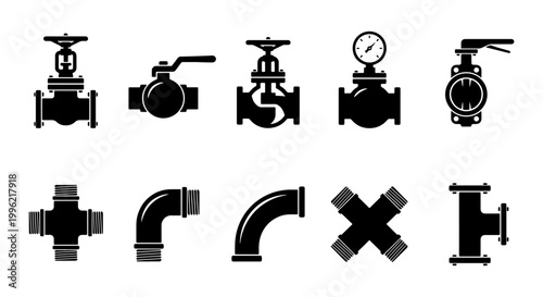Industrial plumbing valve and pipe fitting icons, set of 10 black vector symbols, technical pipeline components for engineering and construction